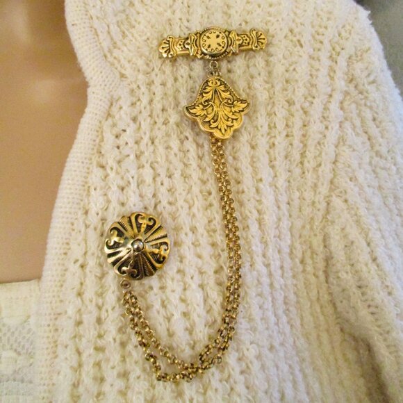 VICTORIAN REVIVAL Gold Etruscan Taille d'epargne Chatelaine Brooch ~ ANTIQUE - Picture 10 of 14